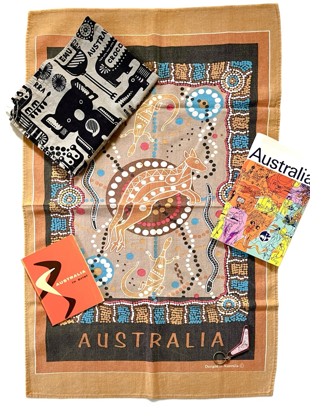 Vintage 80’s Australian Lot of 5 Souvenirs 2 Dishtowels,Keychain,2 Travel Guides